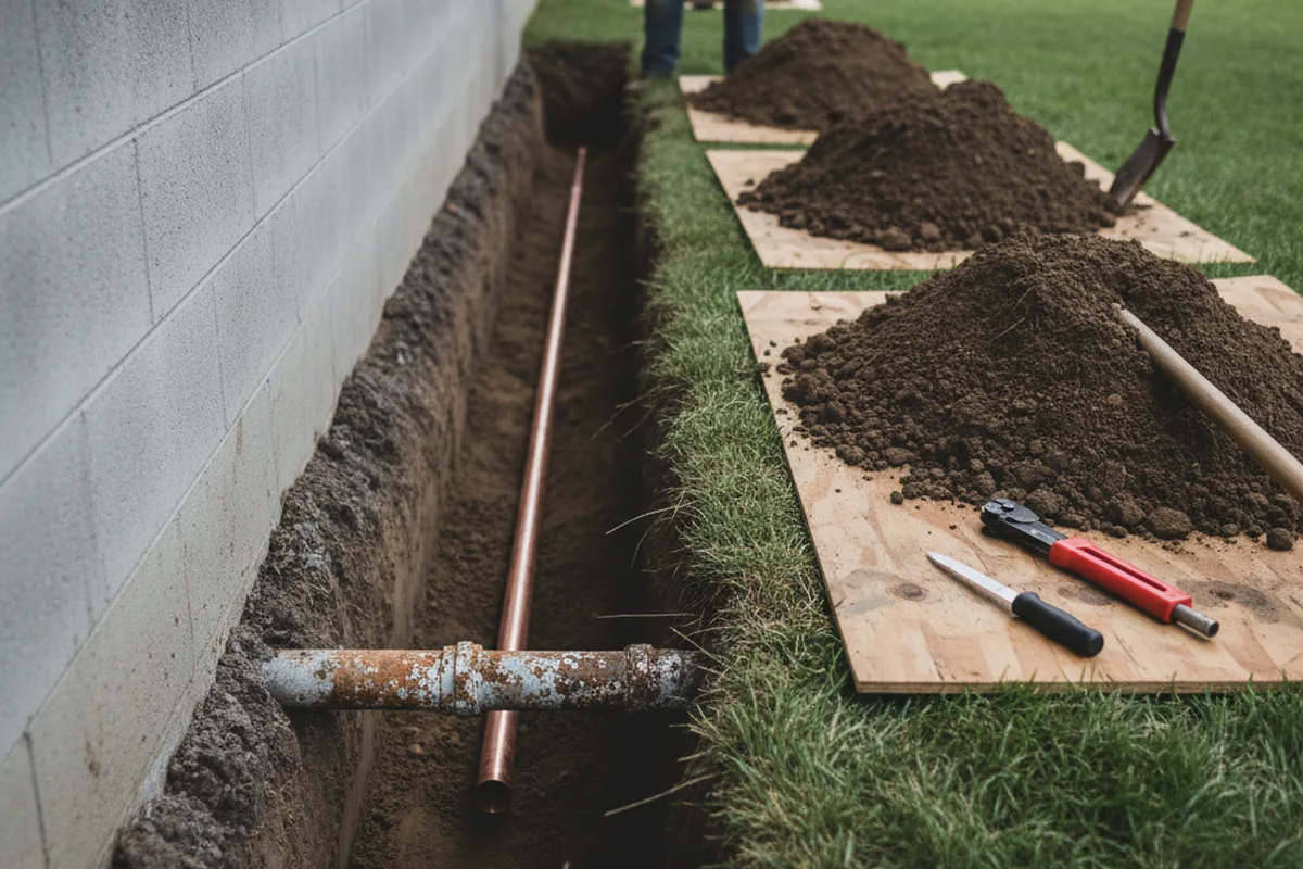 Excavated water line trench during Water Softener Installation in Hines